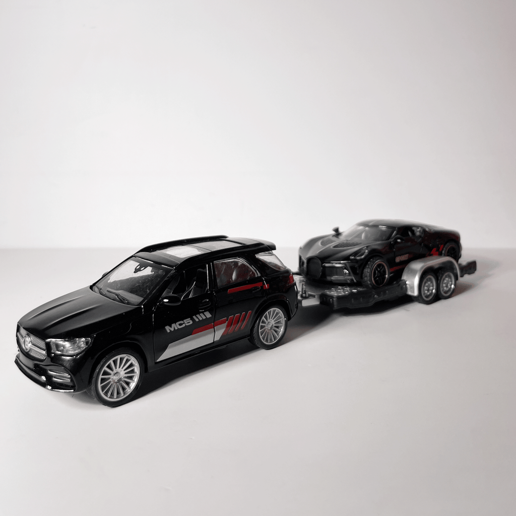 1:43 Black SUV with Hypercar Trailer Diecast Model Car Set