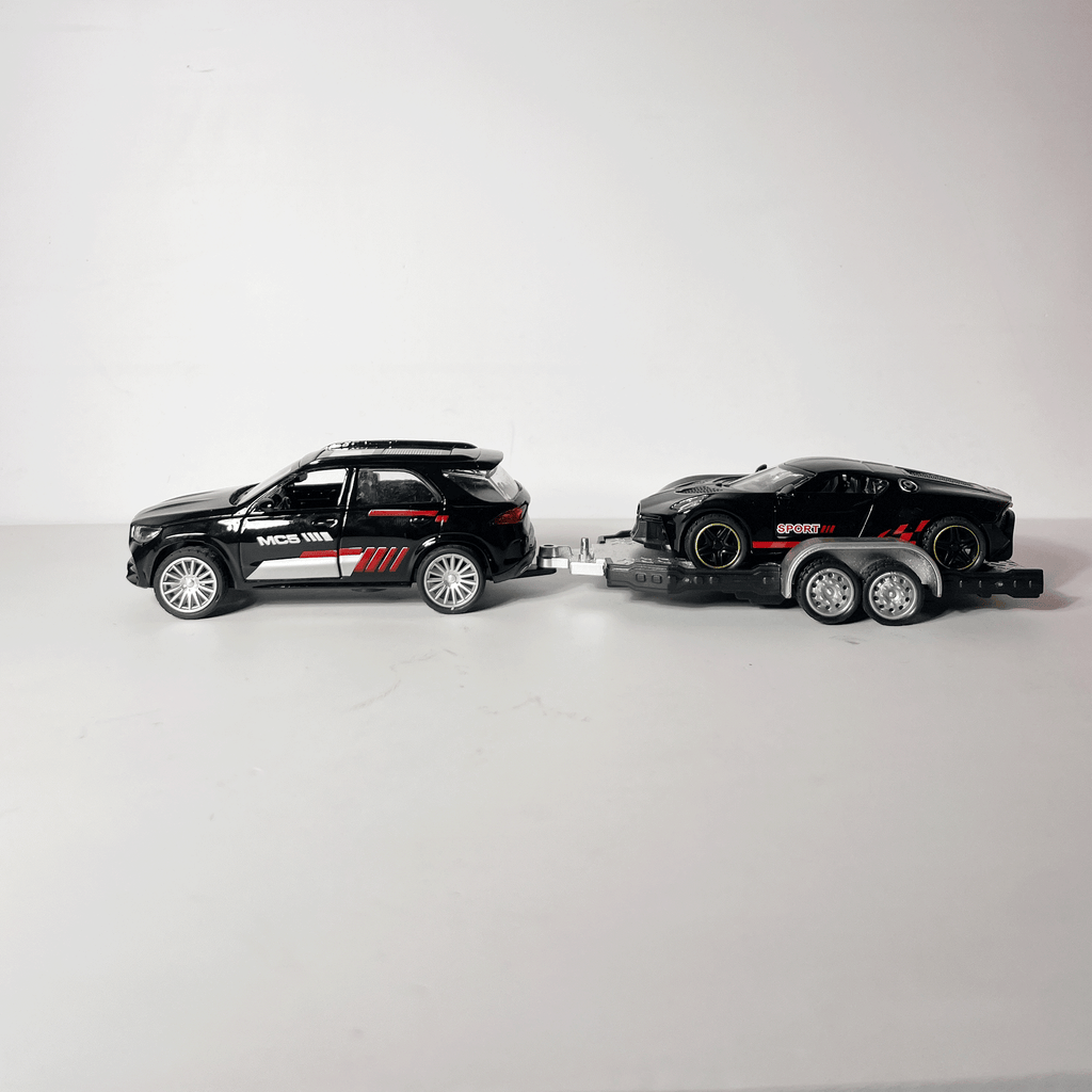 1:43 Black SUV with Hypercar Trailer Diecast Model Car Set